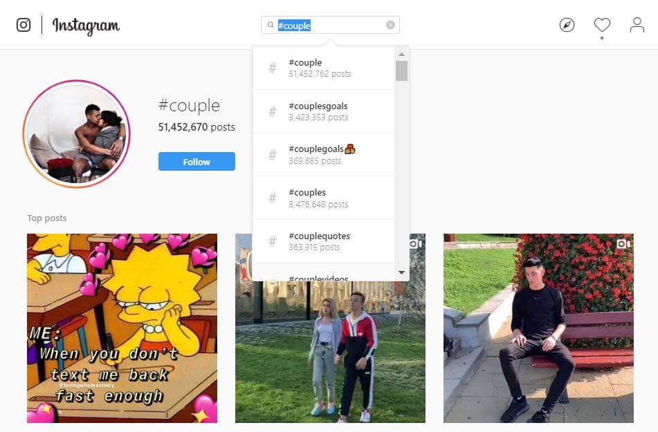Screenshot of Instagram Search for couple